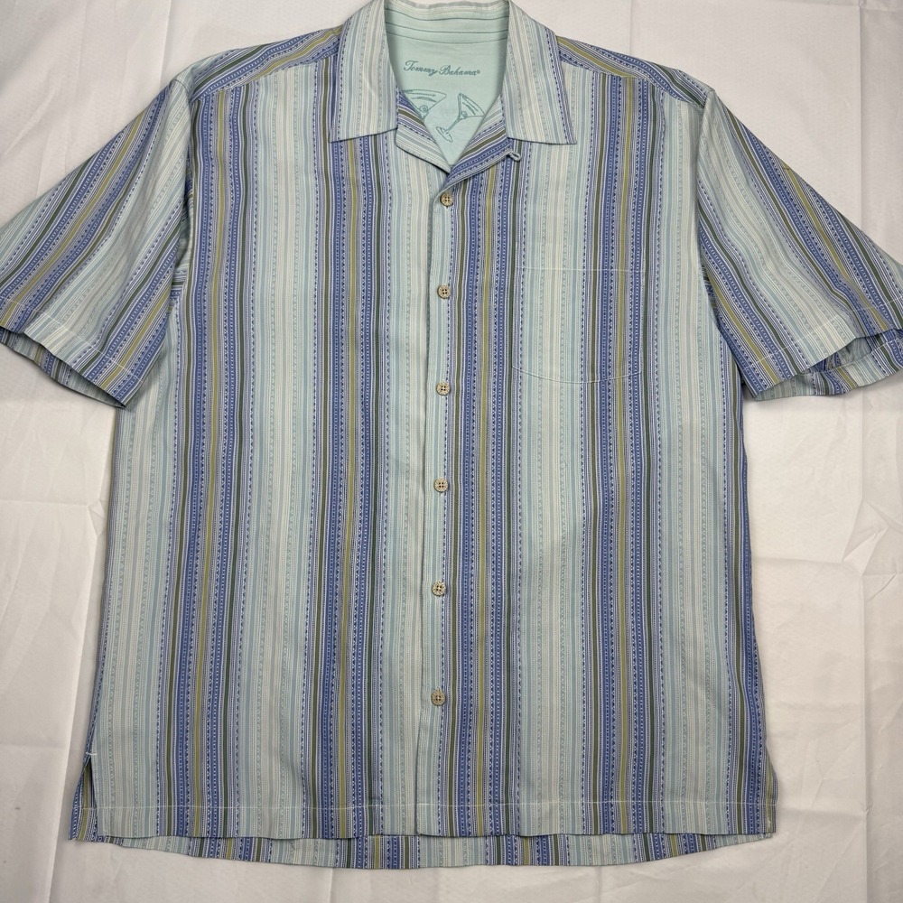 TOMMY BAHAMA MEN'S L HAWAIIAN TROPICAL MULTICOLORED STRIPED SILK SS CAMP SHIRT